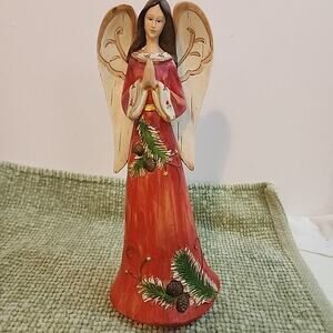 9" Hand Painted Christmas Angel Figurine Red Folk Art Style Unmarked Rustic